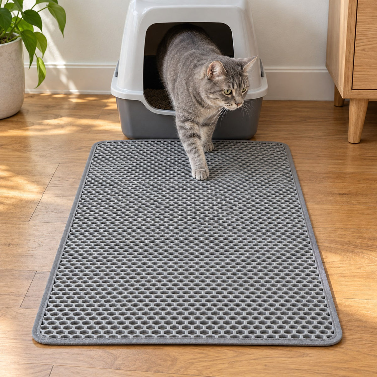 Grey PawGrid XL honeycomb mat in front of a covered litter box, a tabby cat stepping onto it