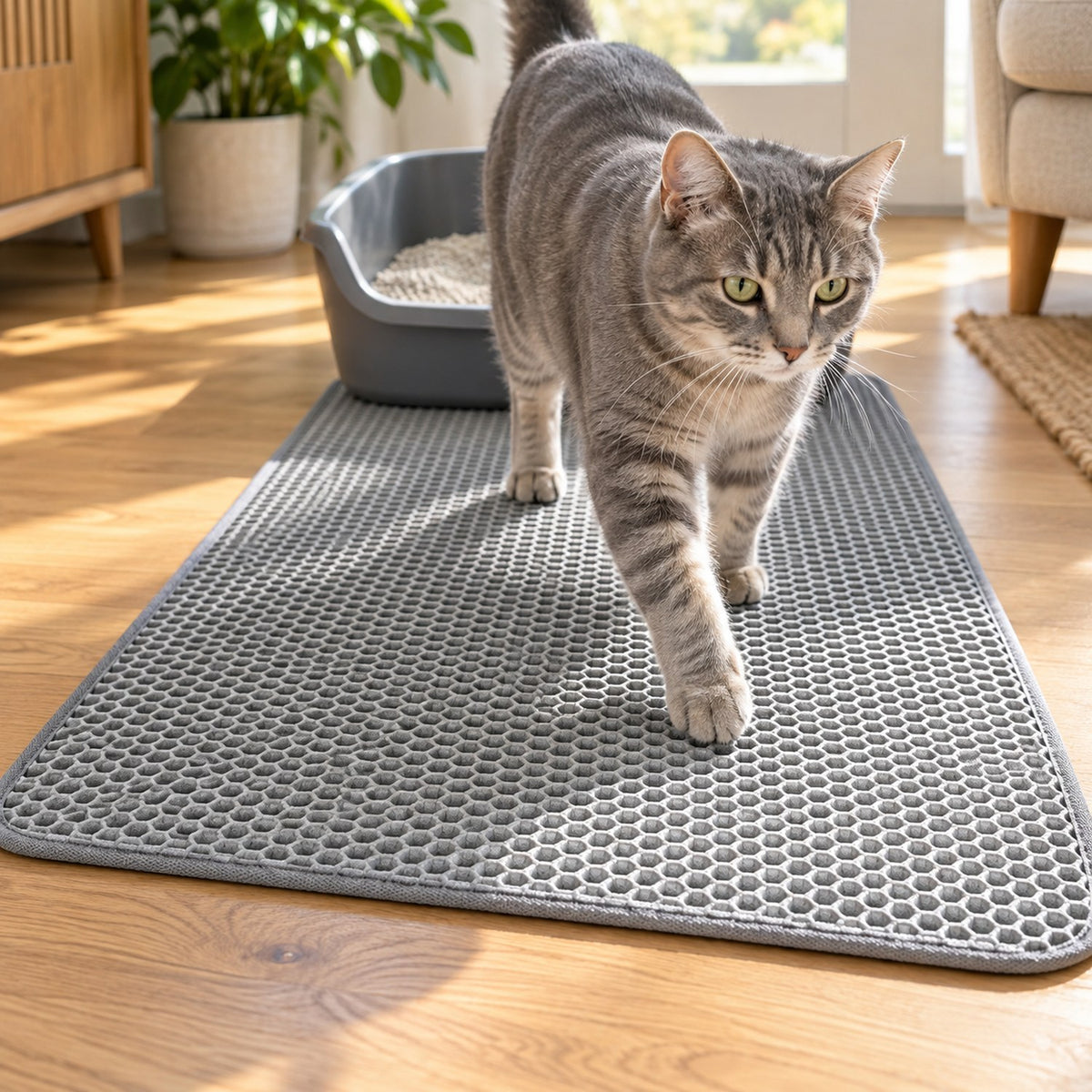 A tabby cat walking across the grey honeycomb mat